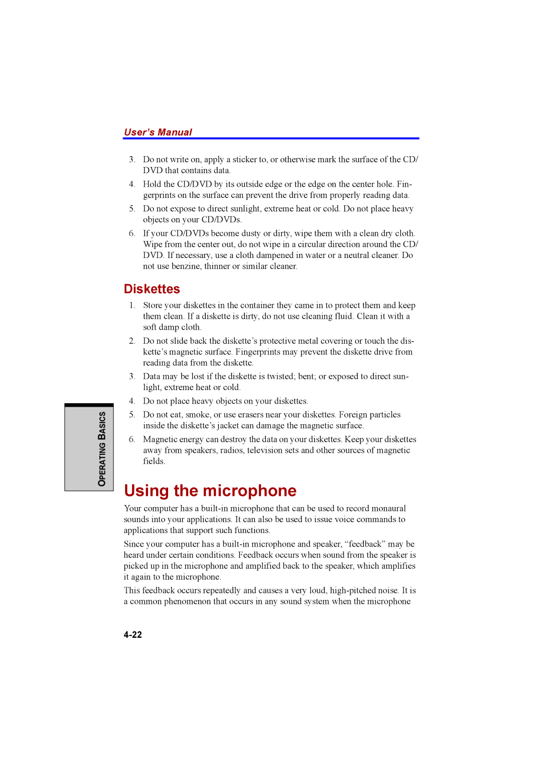 Cool-Lux A100 manual Using the microphone, Diskettes 