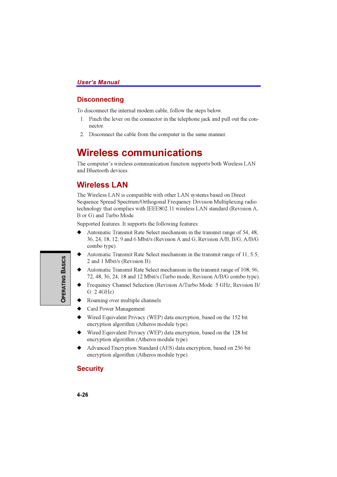 Cool-Lux A100 manual Wireless communications, Wireless LAN, Disconnecting 