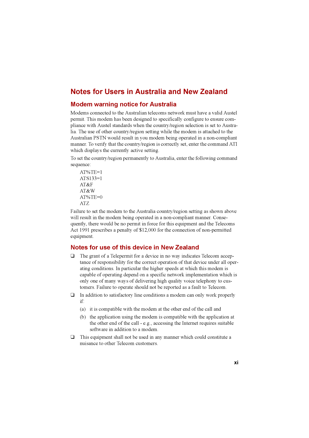 Cool-Lux A100 manual Modem warning notice for Australia, AT&F AT&W AT%TE=0 ATZ 