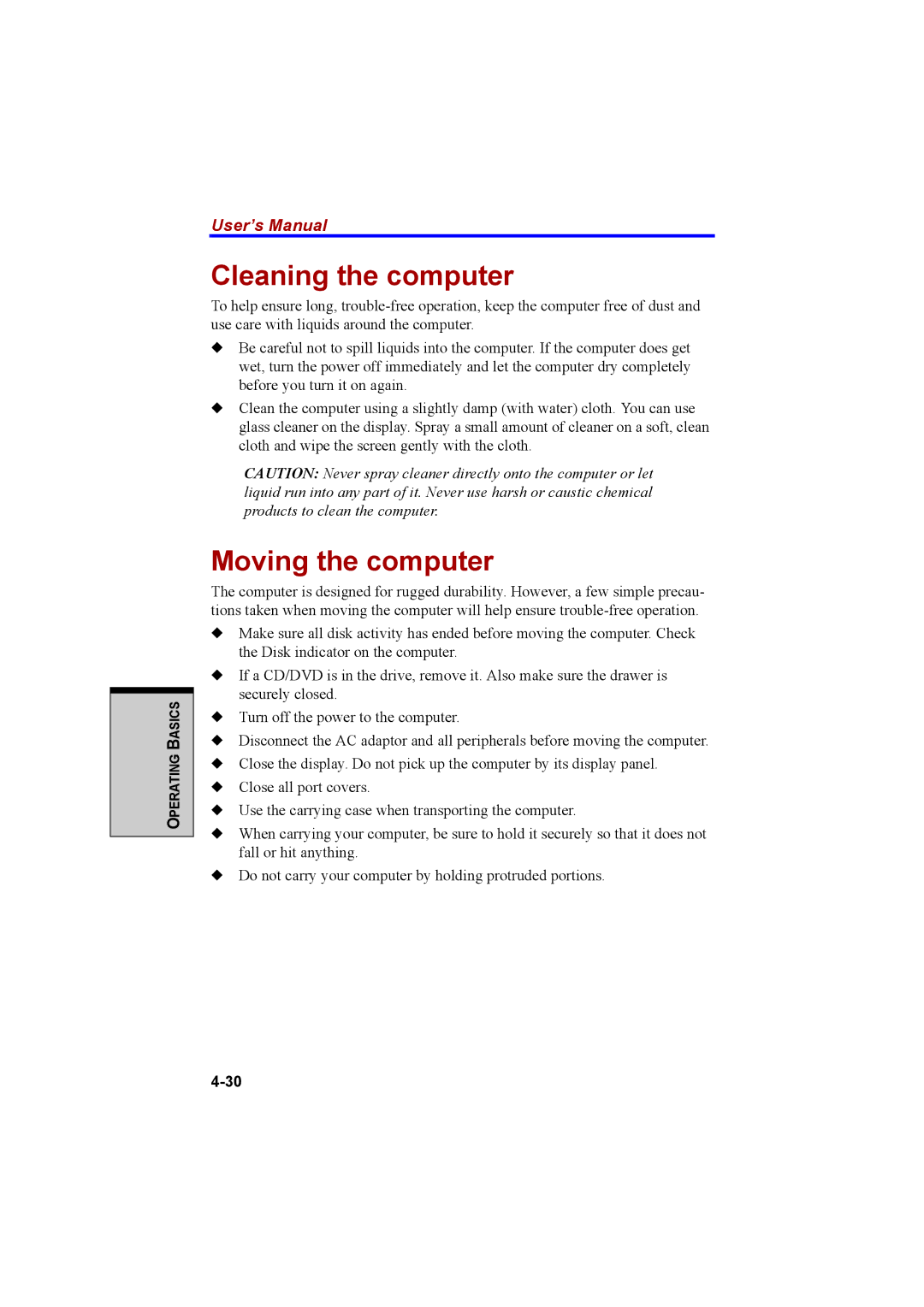 Cool-Lux A100 manual Cleaning the computer, Moving the computer 