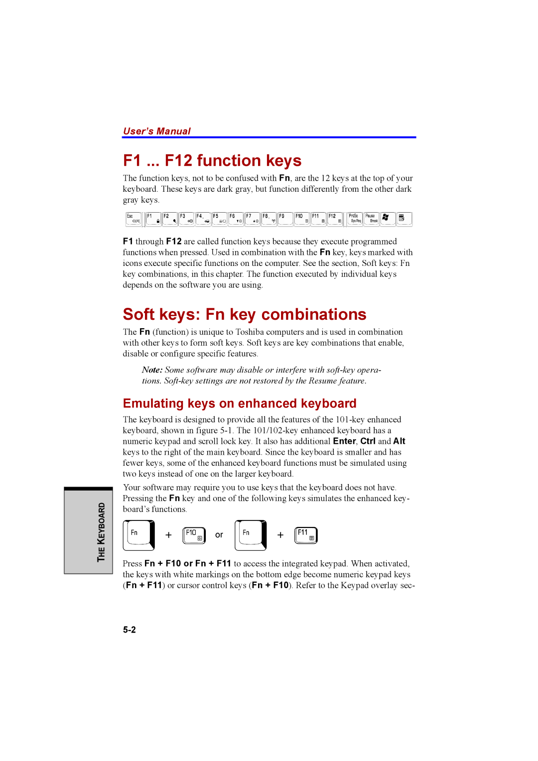 Cool-Lux A100 manual F1 ... F12 function keys, Soft keys Fn key combinations, Emulating keys on enhanced keyboard 