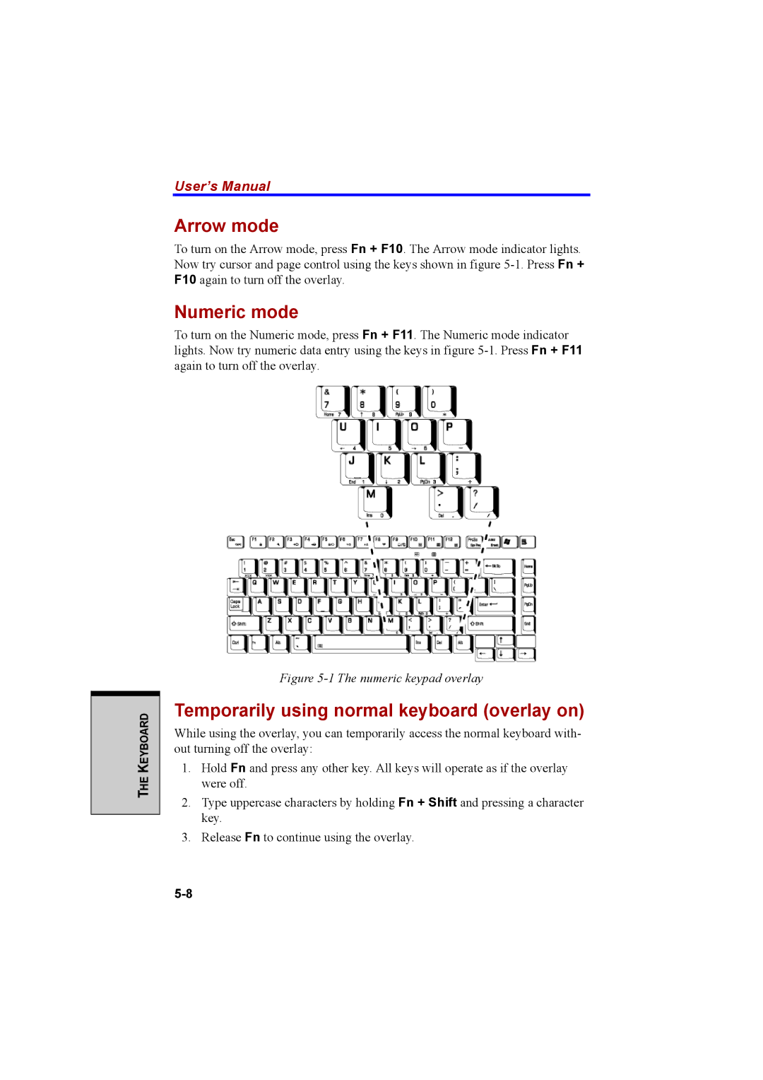 Cool-Lux A100 manual Arrow mode, Numeric mode, Temporarily using normal keyboard overlay on 