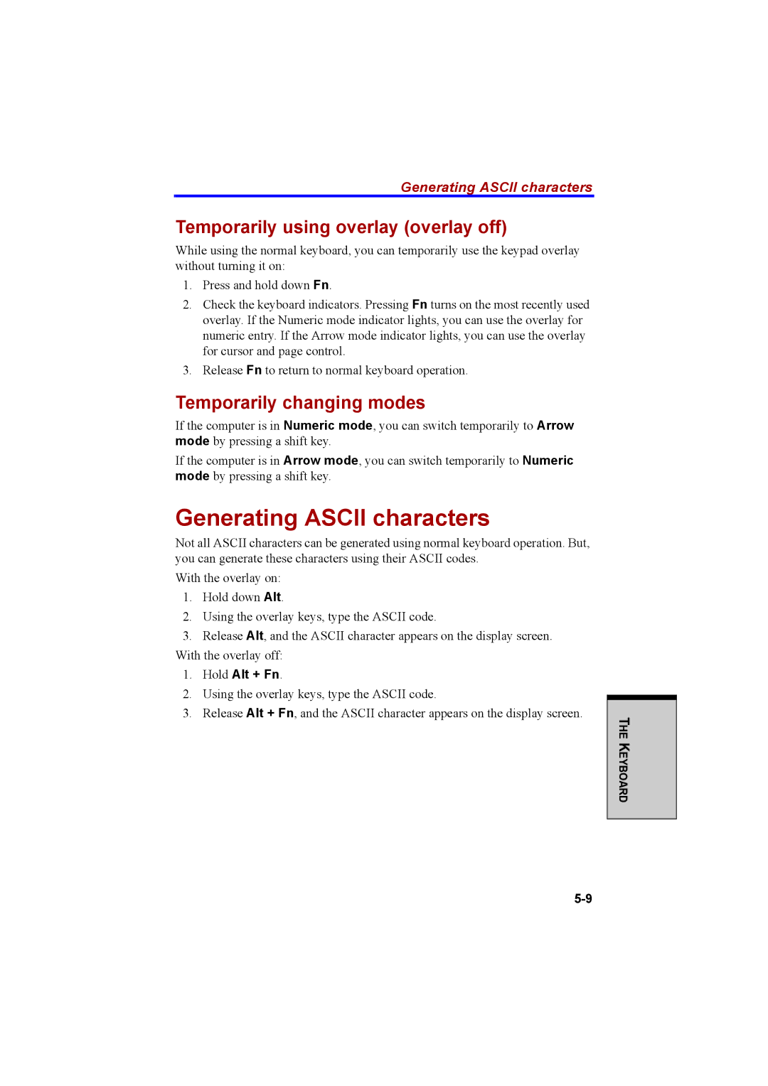 Cool-Lux A100 manual Generating Ascii characters, Temporarily using overlay overlay off, Temporarily changing modes 