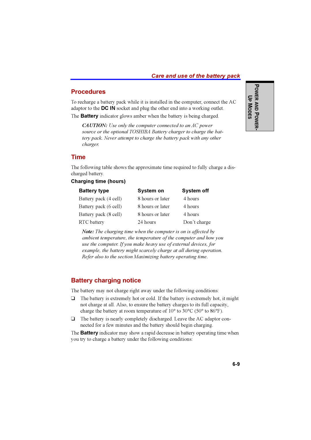 Cool-Lux A100 manual Procedures, Time, Battery charging notice, Charging time hours Battery type System on System off 