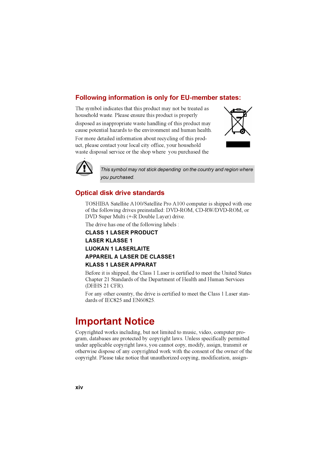 Cool-Lux A100 Important Notice, Following information is only for EU-member states, Optical disk drive standards, Xiv 