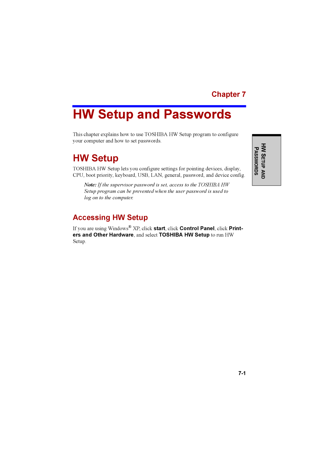 Cool-Lux A100 manual HW Setup and Passwords, Accessing HW Setup 