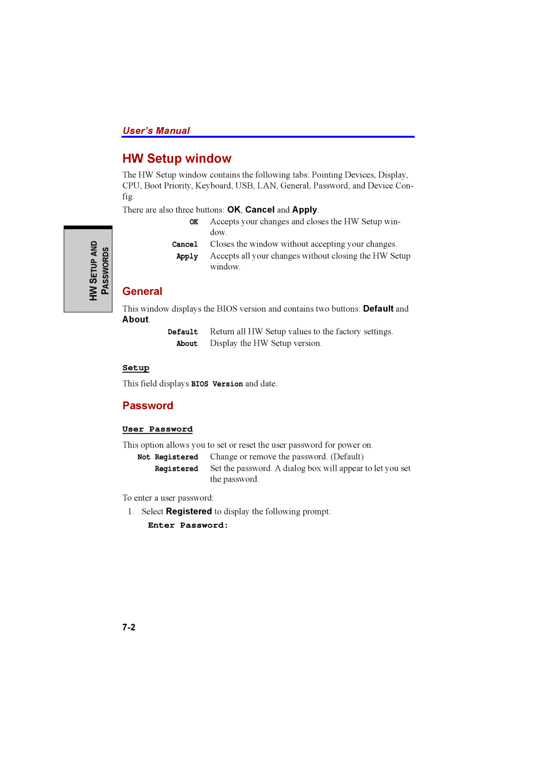 Cool-Lux A100 manual HW Setup window, General, Password 