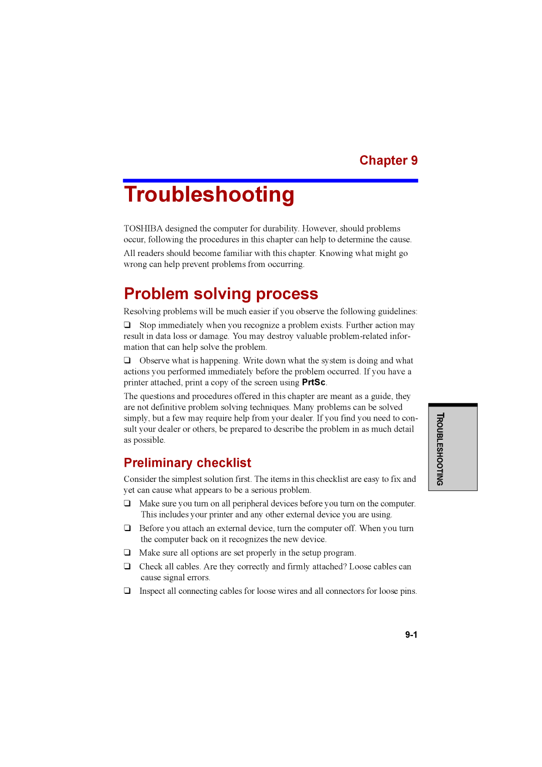 Cool-Lux A100 manual Troubleshooting, Problem solving process, Preliminary checklist 