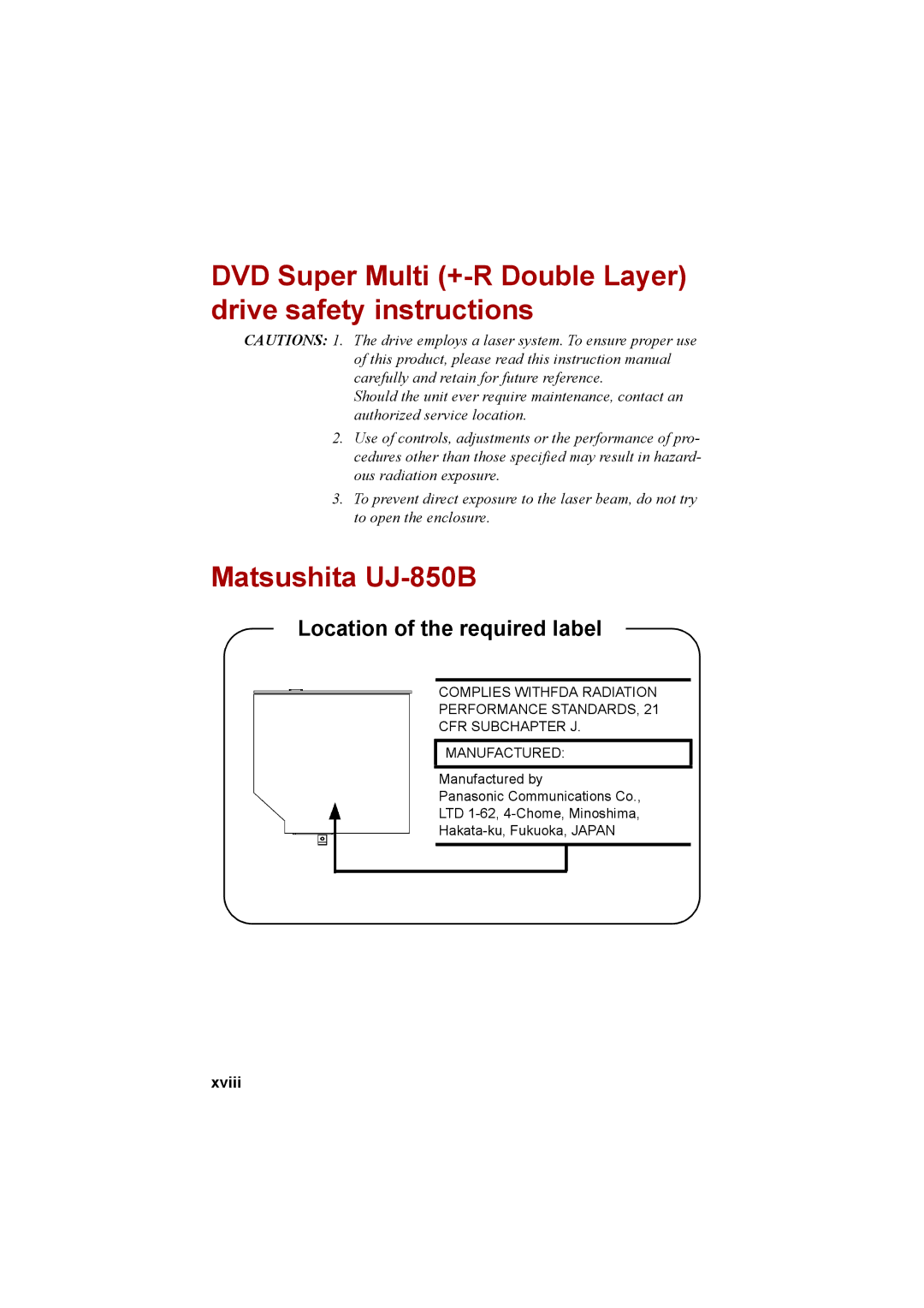 Cool-Lux A100 manual DVD Super Multi +-R Double Layer drive safety instructions, Matsushita UJ-850B, Xviii 