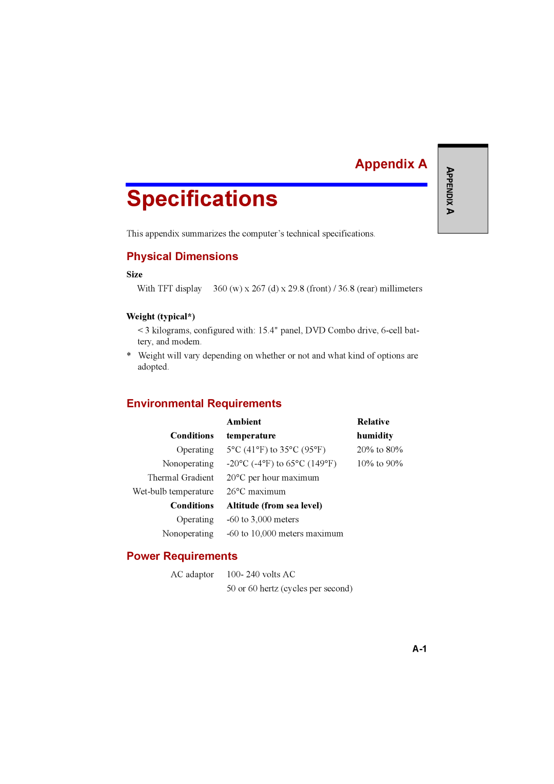 Cool-Lux A100 manual Specifications, Appendix a, Physical Dimensions, Environmental Requirements, Power Requirements 