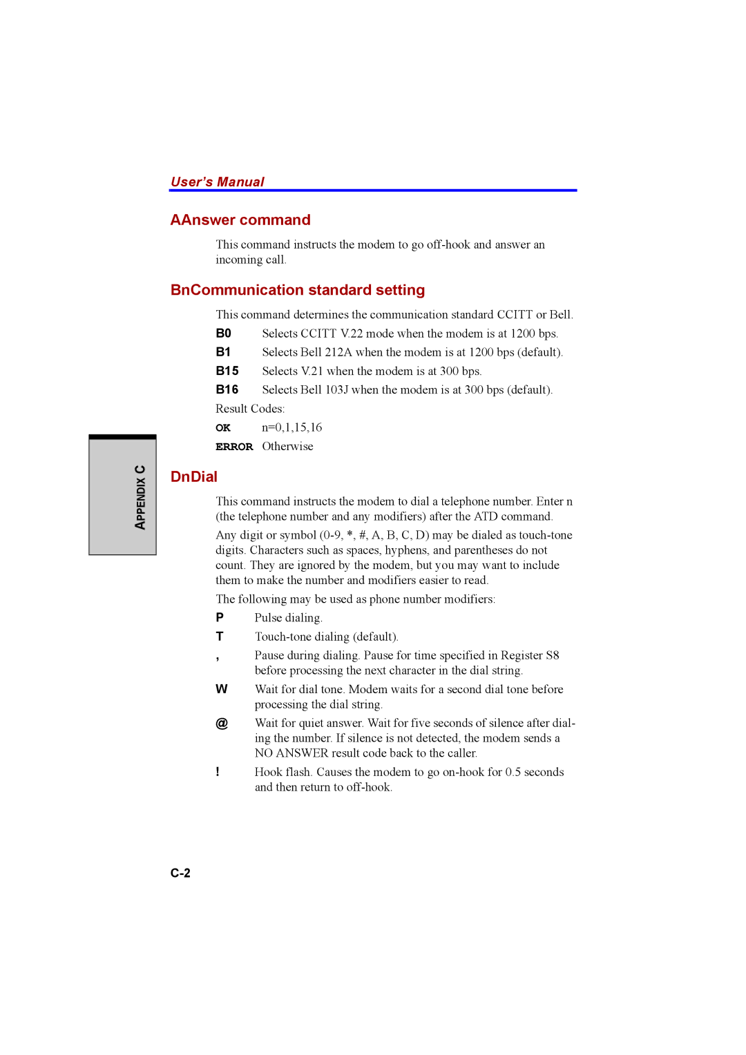 Cool-Lux A100 manual AAnswer command, BnCommunication standard setting, DnDial 