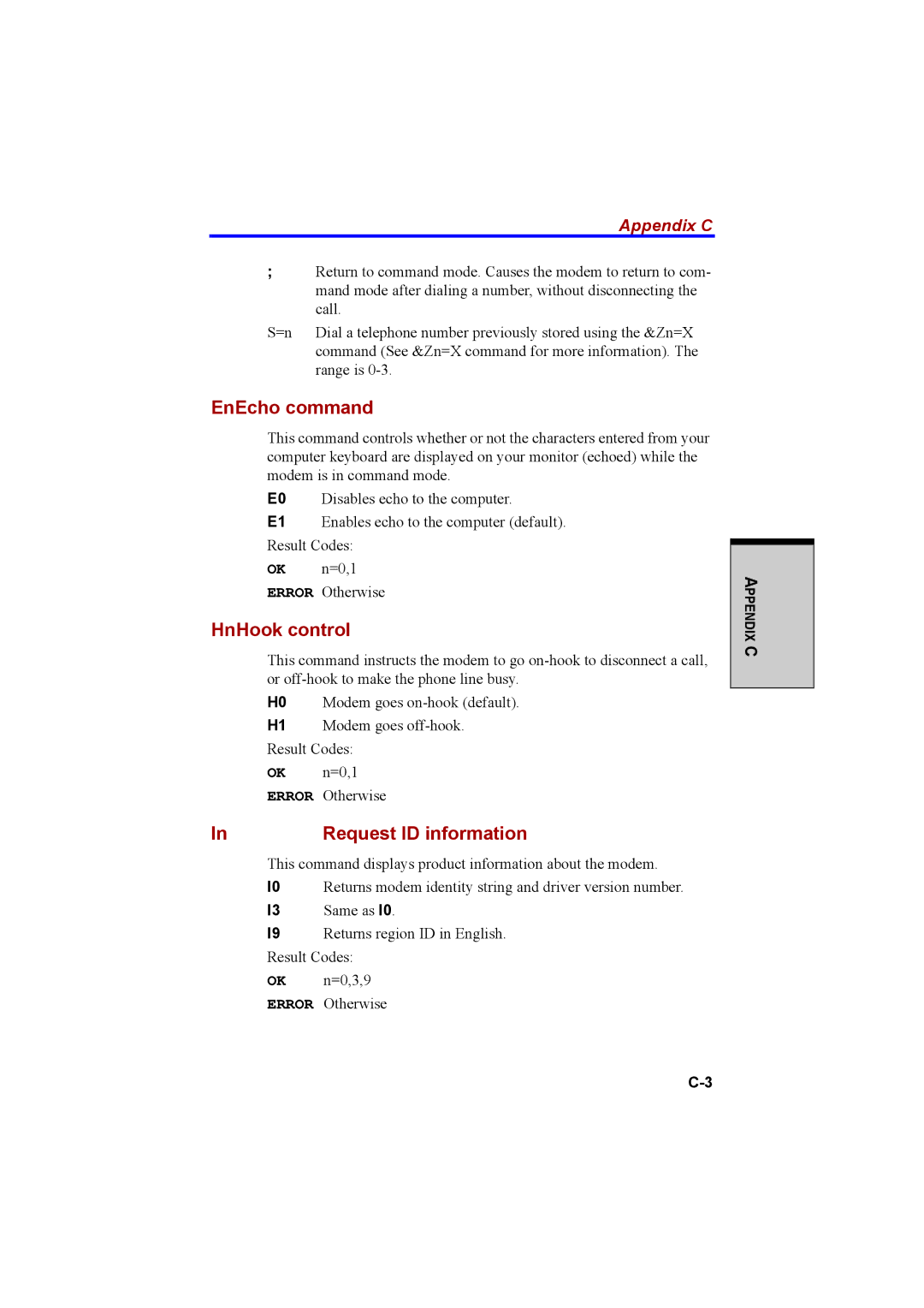 Cool-Lux A100 manual EnEcho command, HnHook control, Request ID information, Appendix C 