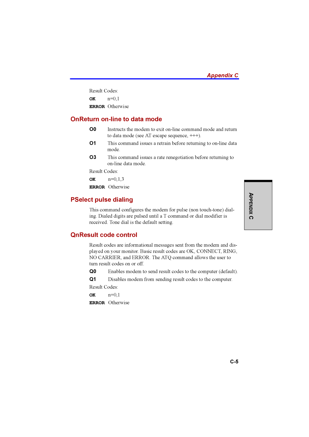 Cool-Lux A100 manual OnReturn on-line to data mode, PSelect pulse dialing, QnResult code control 