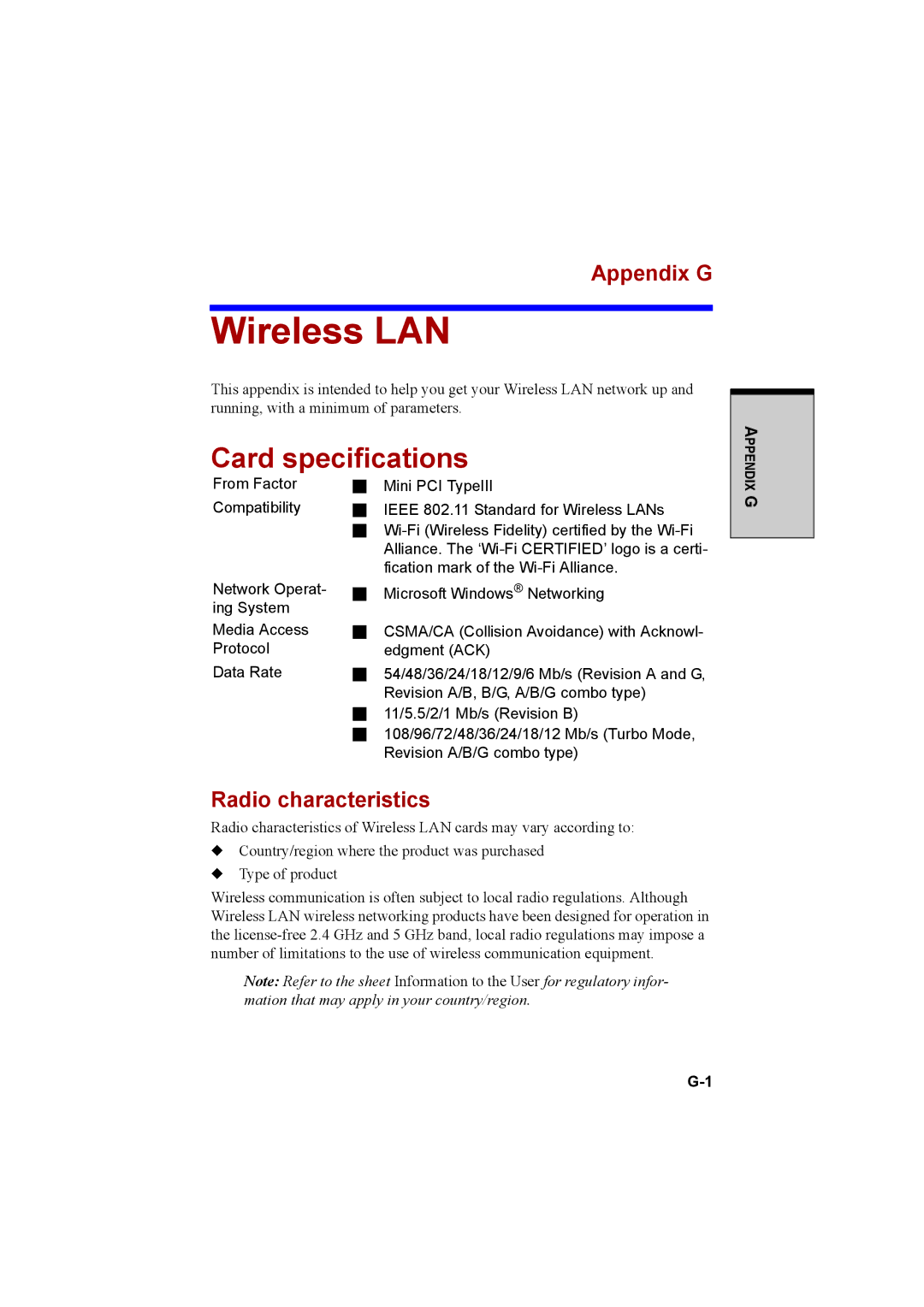 Cool-Lux A100 manual Wireless LAN, Card specifications, Appendix G, Radio characteristics 