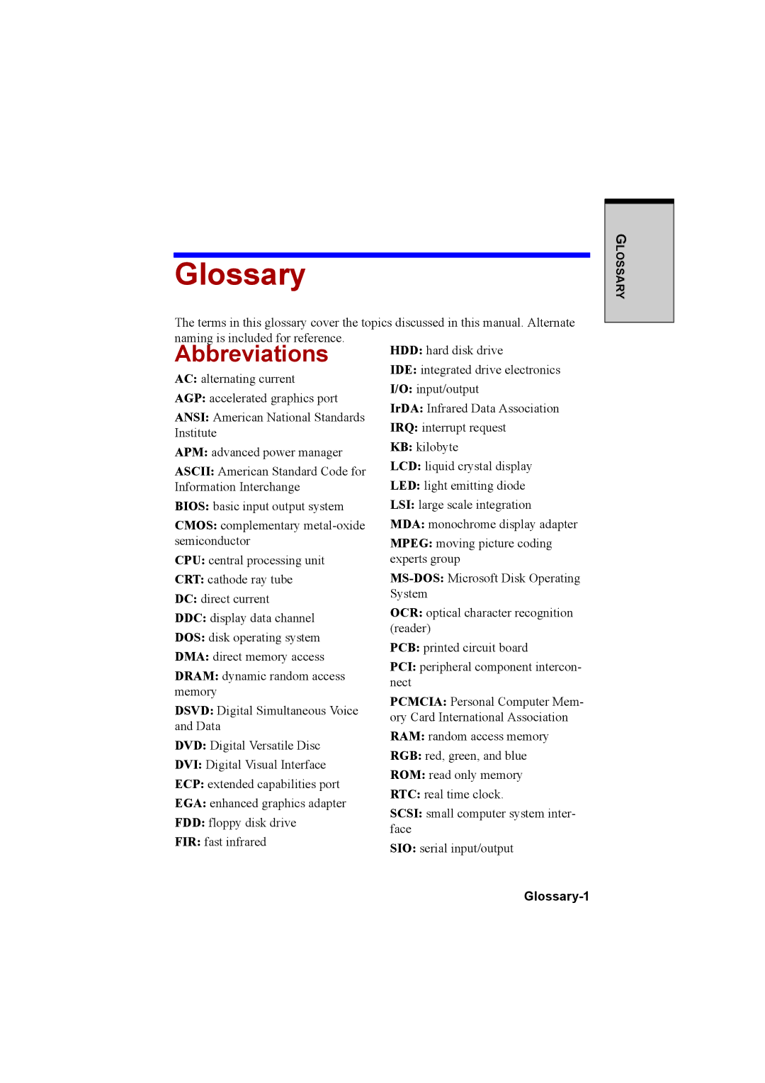 Cool-Lux A100 manual Abbreviations, Glossary-1 