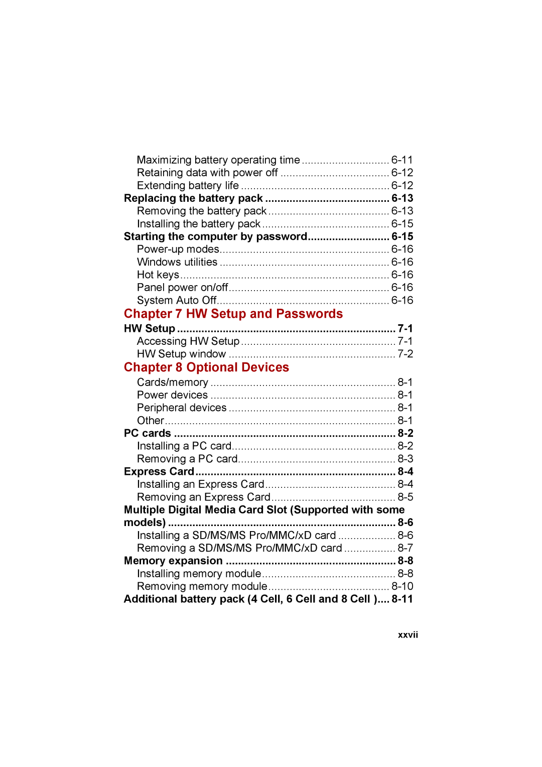 Cool-Lux A100 manual HW Setup and Passwords, Optional Devices, Xxvii 