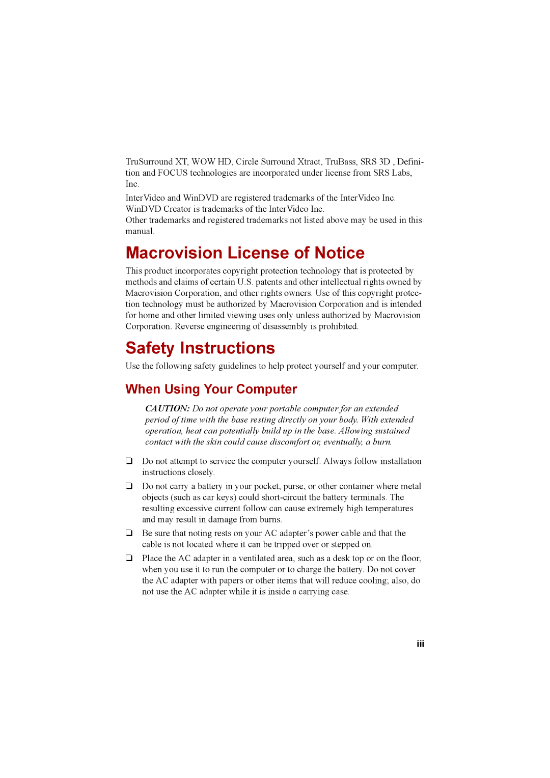 Cool-Lux A100 manual Macrovision License of Notice, Safety Instructions, When Using Your Computer, Iii 