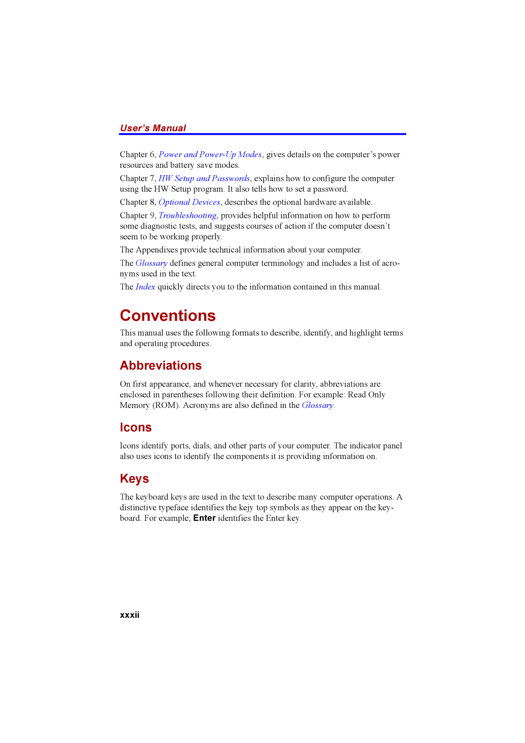 Cool-Lux A100 manual Conventions, Abbreviations, Icons, Keys, User’s Manual 