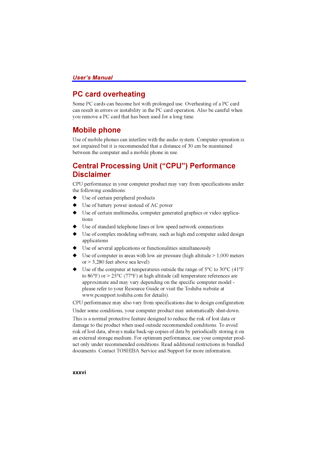 Cool-Lux A100 manual PC card overheating, Mobile phone, Central Processing Unit CPU Performance Disclaimer, Xxxvi 