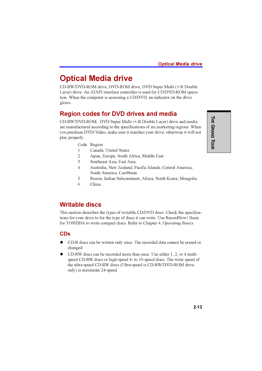 Cool-Lux A100 manual Optical Media drive, Region codes for DVD drives and media, Writable discs, CDs 