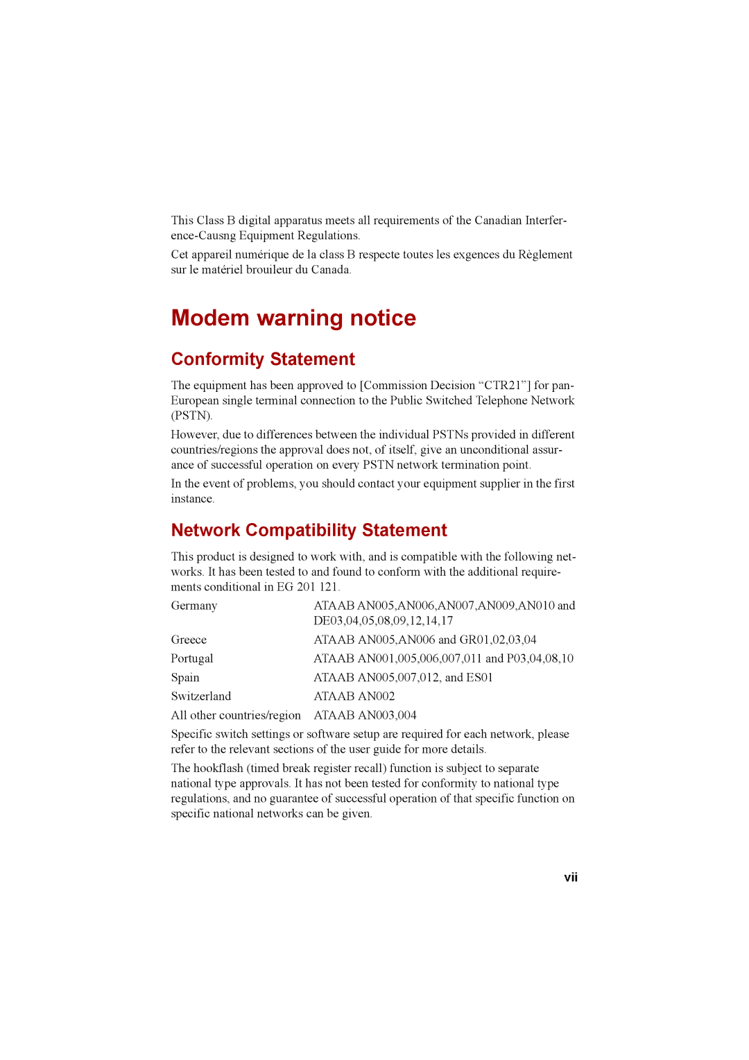 Cool-Lux A100 manual Modem warning notice, Conformity Statement, Network Compatibility Statement, Vii 