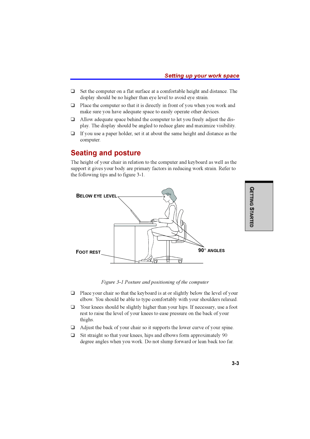 Cool-Lux A100 manual Seating and posture, Setting up your work space 