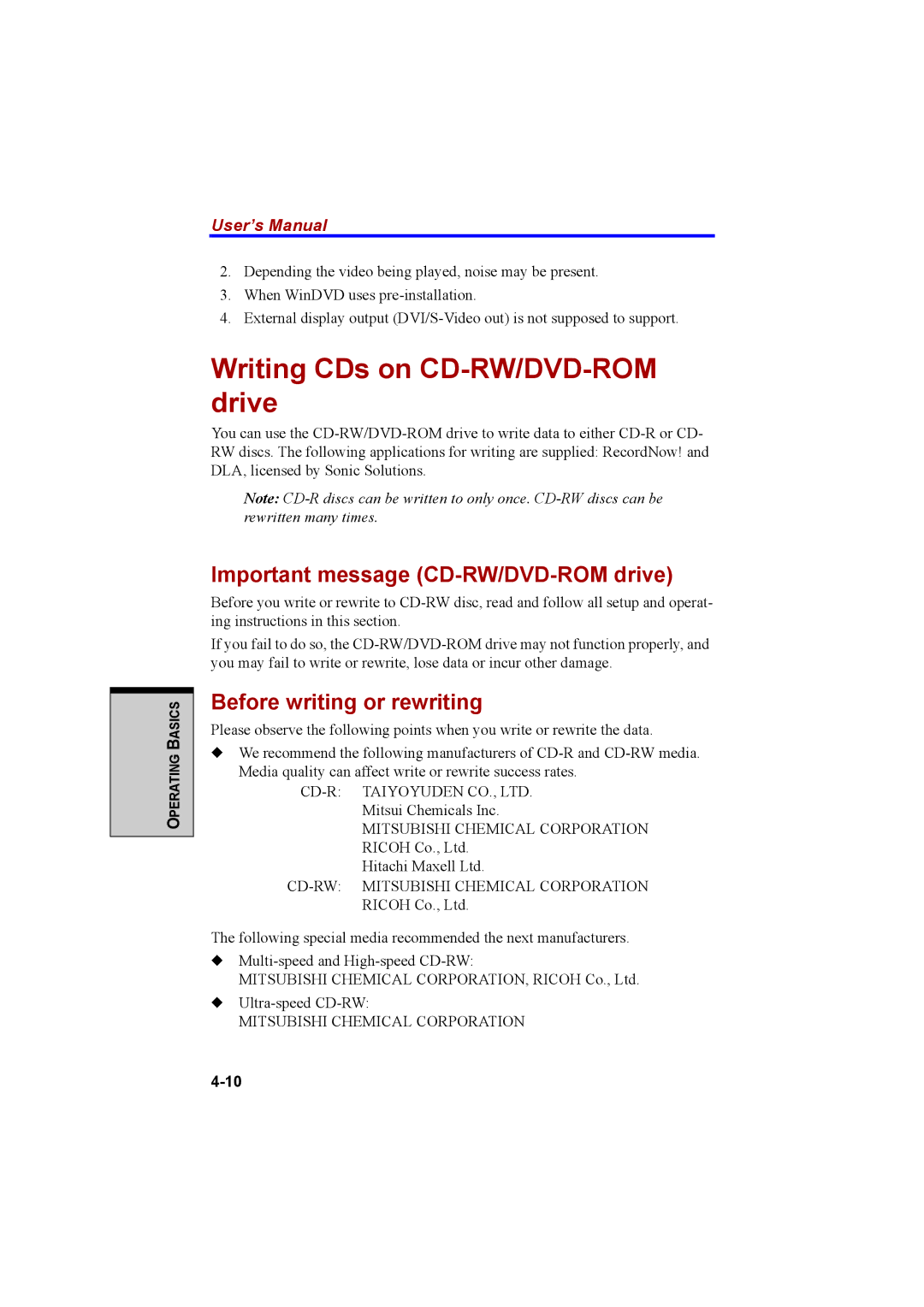 Cool-Lux A100 manual Writing CDs on CD-RW/DVD-ROM drive, Important message CD-RW/DVD-ROM drive, Before writing or rewriting 