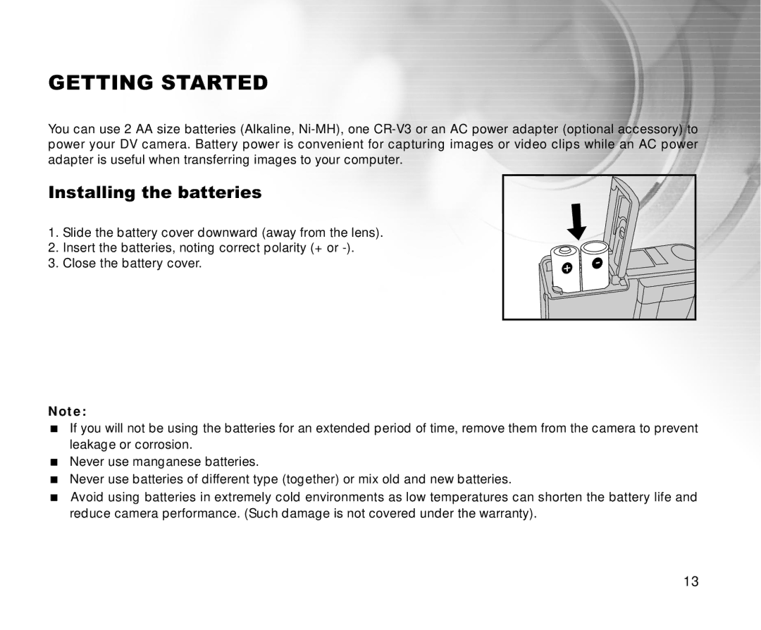 Cool-Lux DVR-200 manual Getting Started, Installing the batteries 