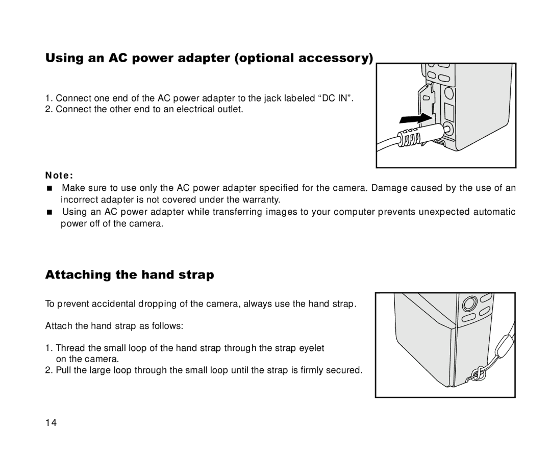 Cool-Lux DVR-200 manual Using an AC power adapter optional accessory, Attaching the hand strap 