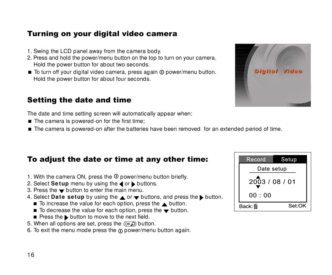 Cool-Lux DVR-200 manual Turning on your digital video camera, Setting the date and time 