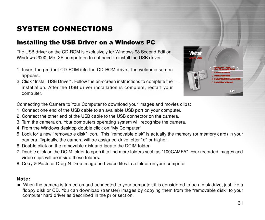 Cool-Lux DVR-200 manual System Connections, Installing the USB Driver on a Windows PC 