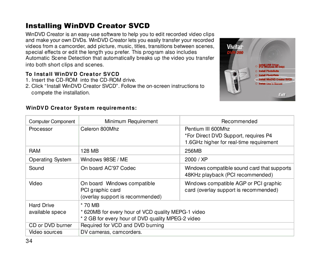 Cool-Lux DVR-200 manual Installing WinDVD Creator Svcd, To Install WinDVD Creator Svcd, WinDVD Creator System requirements 