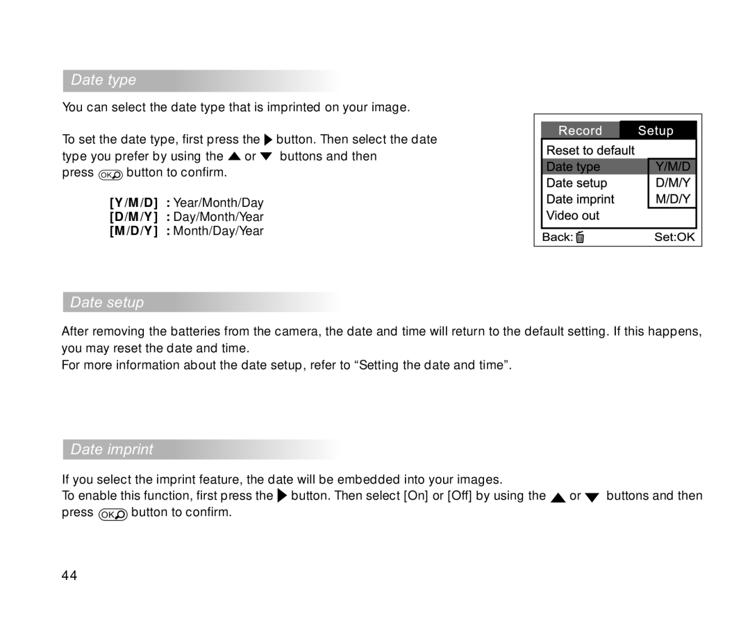 Cool-Lux DVR-200 manual Date type, Date setup, Date imprint 