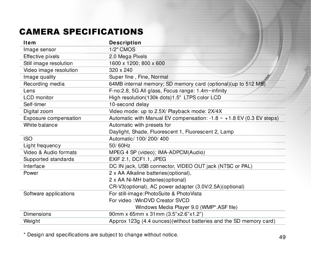 Cool-Lux DVR-200 manual Camera Specifications, Description 