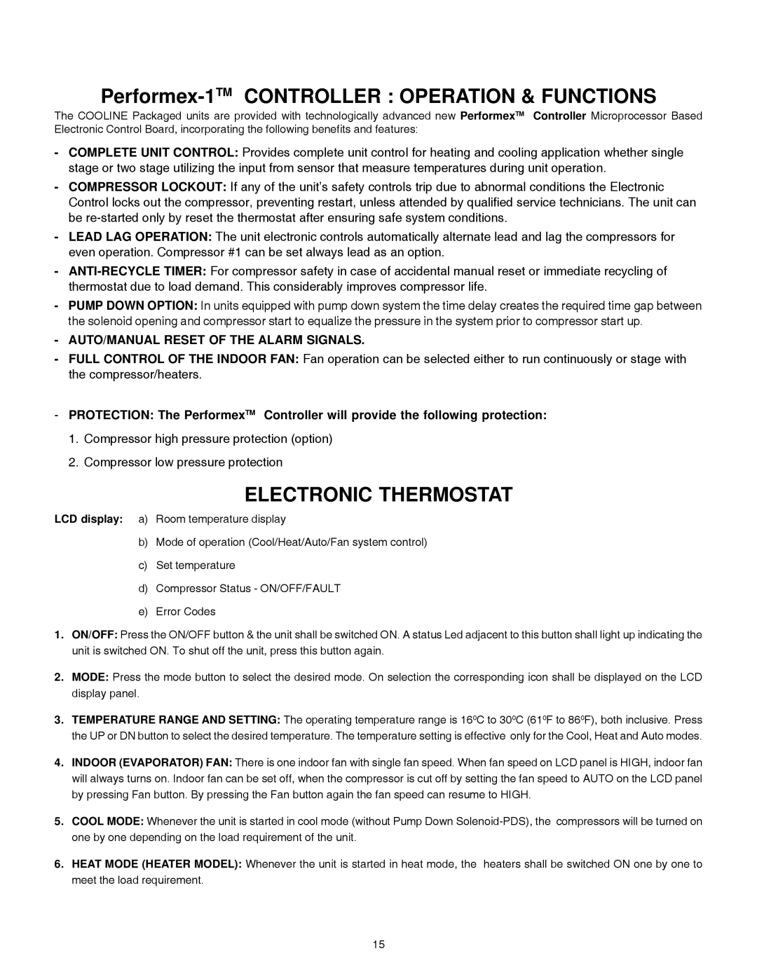 Cooline PT360, PT036 manual Electronic Thermostat, AUTO/MANUAL Reset of the Alarm Signals 