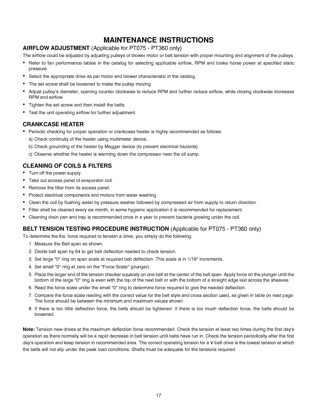 Cooline PT360, PT036 manual Maintenance Instructions, Cleaning of Coils & Filters 