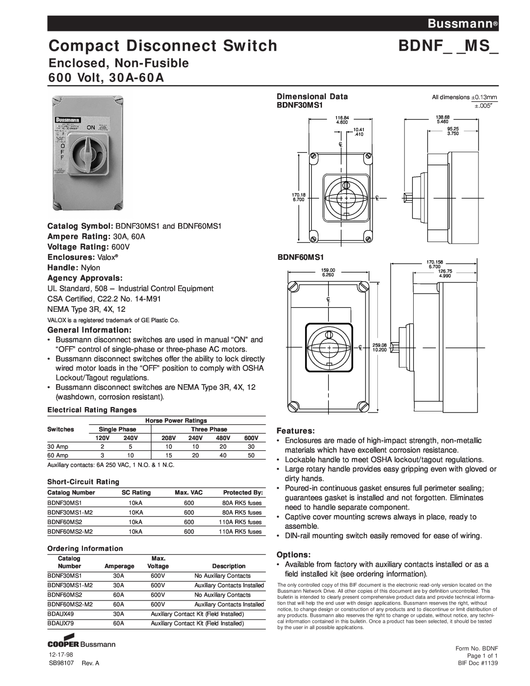 Cooper Bussmann dimensions Compact Disconnect Switch, Bdnf Ms, Bussmann, Enclosed, Non-Fusible 600 Volt, 30A-60A 