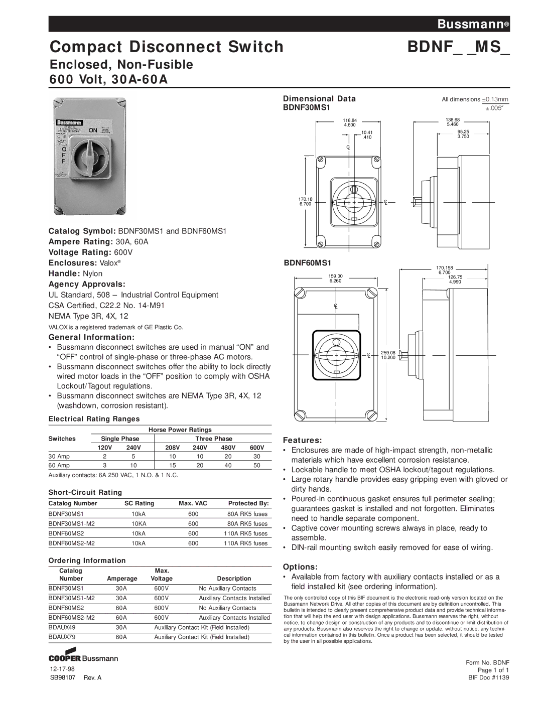 Cooper Bussmann 30A-60A dimensions General Information, Dimensional Data, Features, Options 