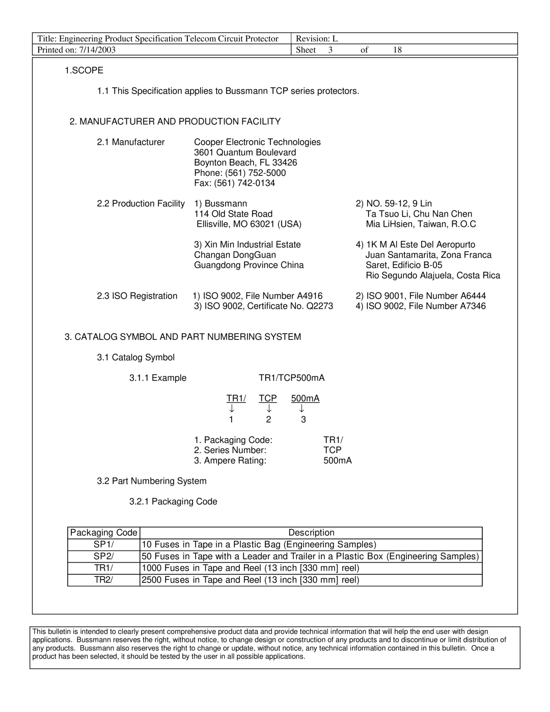 Cooper Bussmann 6125TD Scope, Manufacturer and Production Facility, Catalog Symbol and Part Numbering System, Tcp 