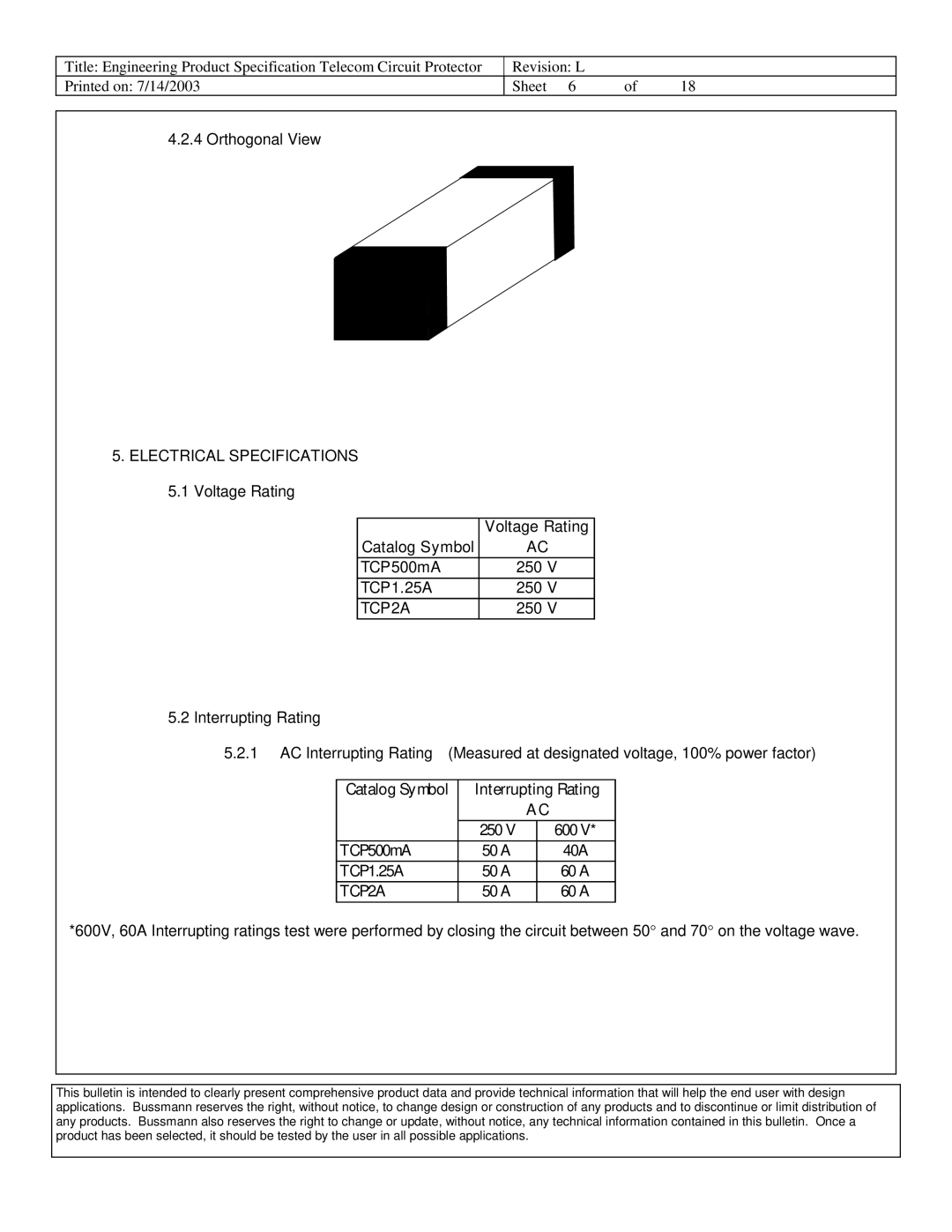 Cooper Bussmann 6125TD dimensions Electrical Specifications 