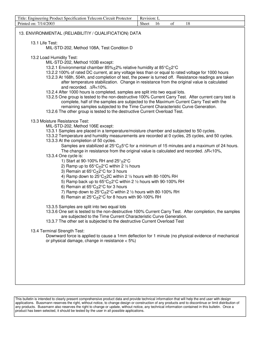 Cooper Bussmann 6125TD dimensions Environmental Reliabilitiy / Qualification Data 