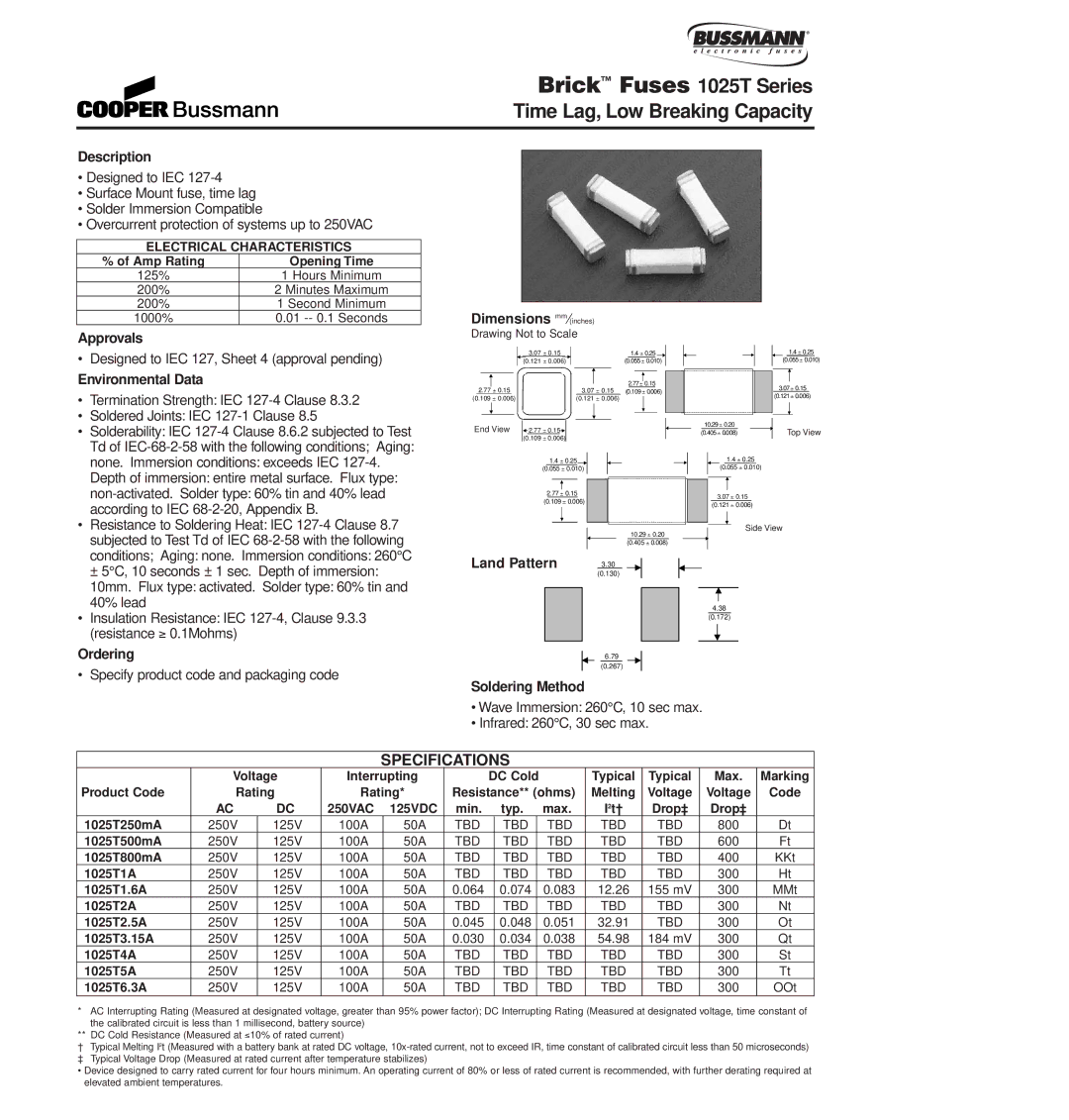 Cooper Bussmann 6125TD 250VAC 125VDC Min Typ Max I2t† Drop‡ 1025T250mA, 1025T500mA, 1025T800mA, 1025T1A, 1025T1.6A 