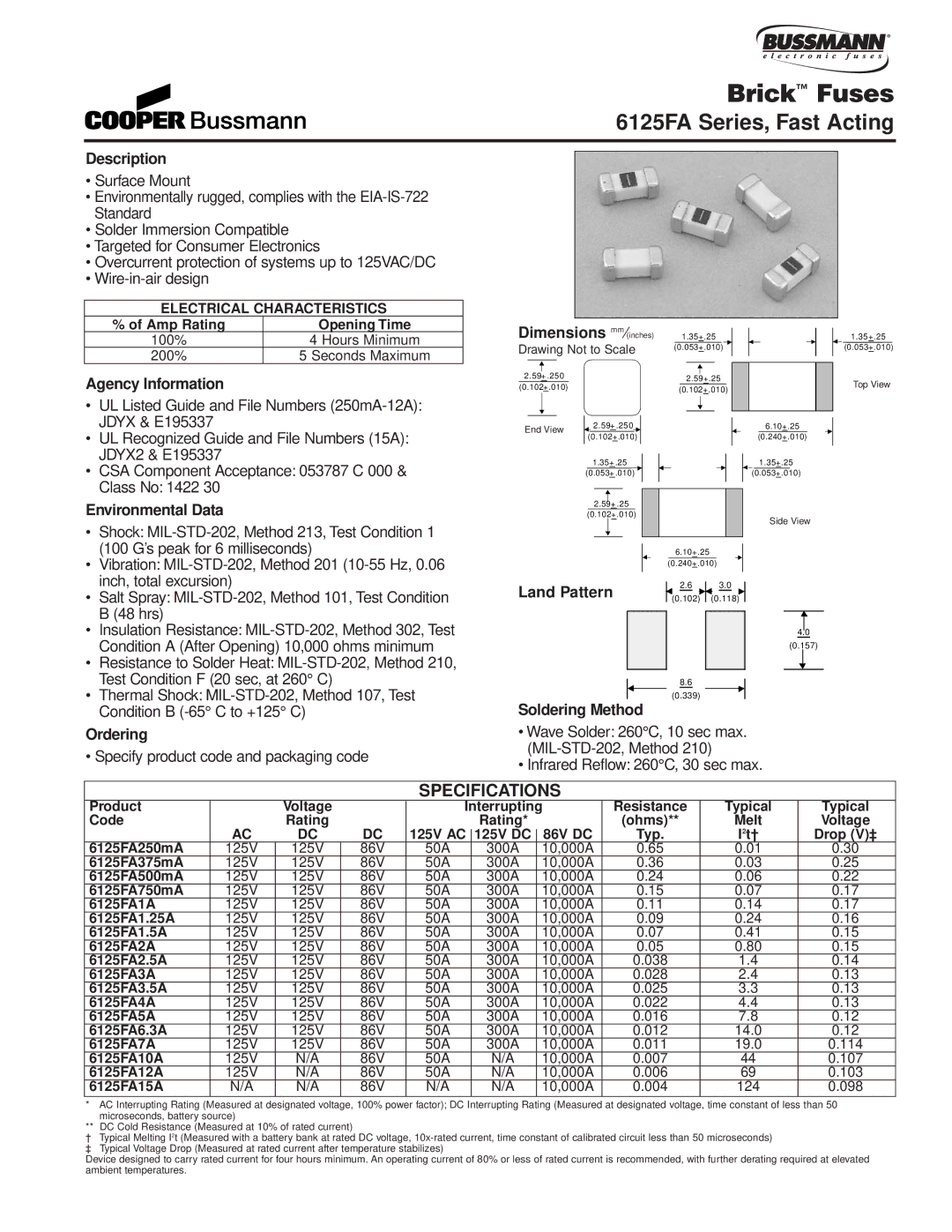 Cooper Bussmann 6125TD dimensions 6125FA Series, Fast Acting 