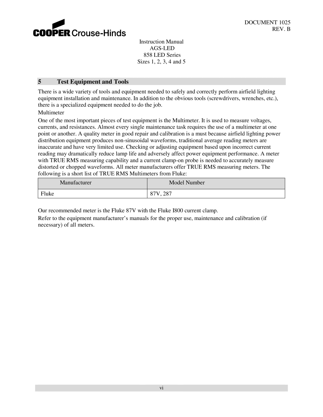 Cooper Bussmann 858 instruction manual Test Equipment and Tools 