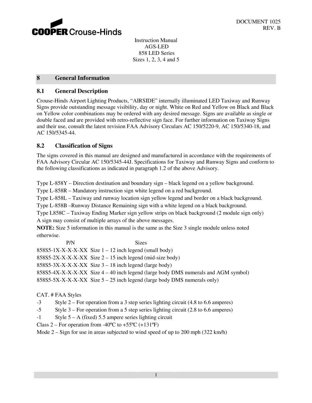 Cooper Bussmann 858 instruction manual General Information General Description, Classification of Signs 