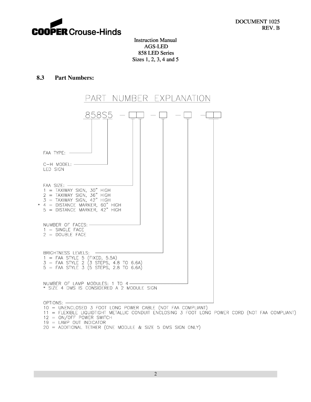 Cooper Bussmann 858 8.3Part Numbers, DOCUMENT REV. B Instruction Manual AGS-LED, LED Series Sizes 1, 2, 3, 4 and 