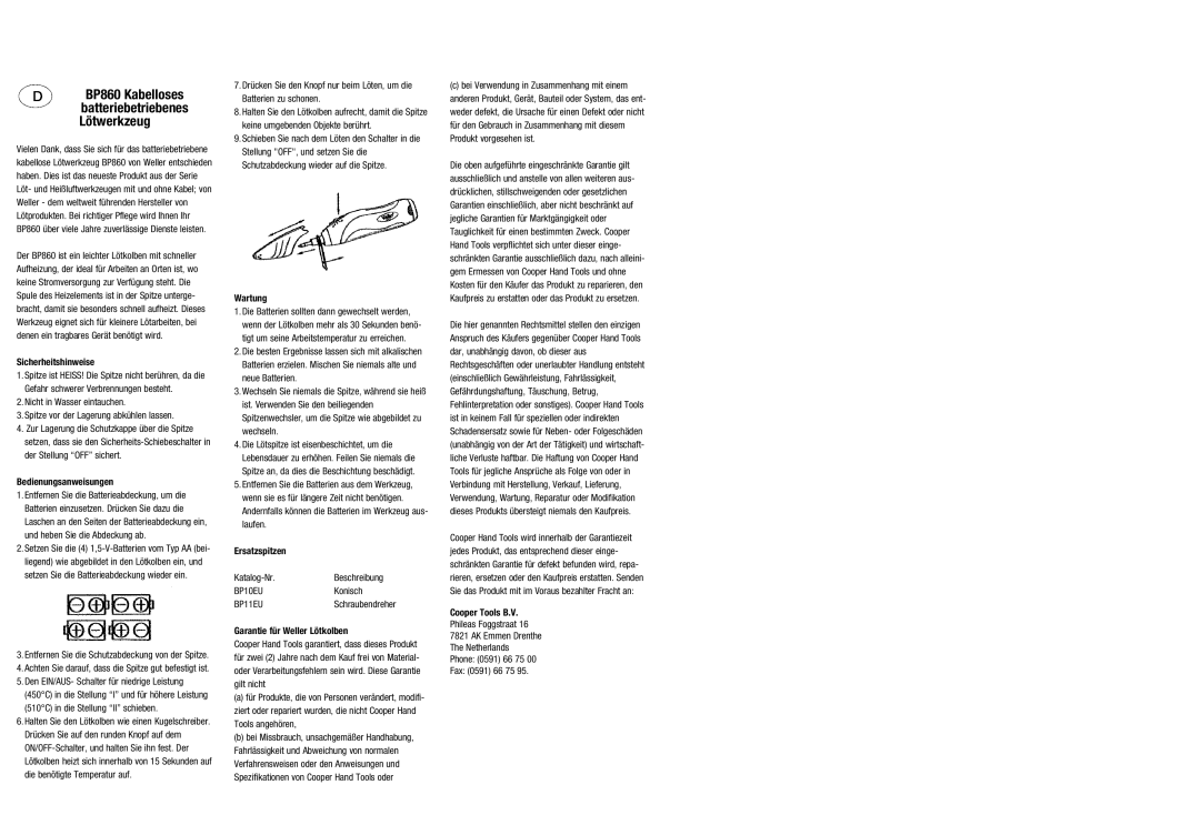 Cooper Bussmann BP860 manual Sicherheitshinweise, Bedienungsanweisungen, 510C in die Stellung II schieben, Wartung 