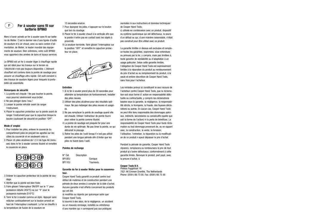 Cooper Bussmann manual Fer à souder sans fil sur Batterie BP860, Remarques de sécurité, Mode d’ emploi 