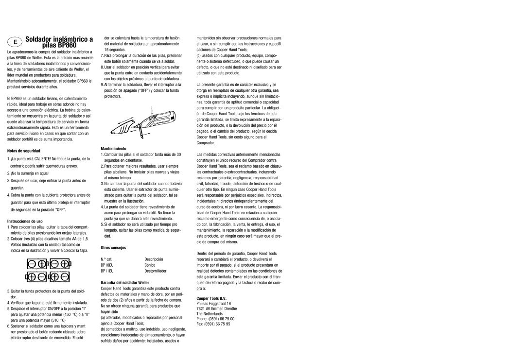 Cooper Bussmann BP860 manual Notas de seguridad, Instrucciones de uso, Quitar la funda protectora de la punta del sold- dor 