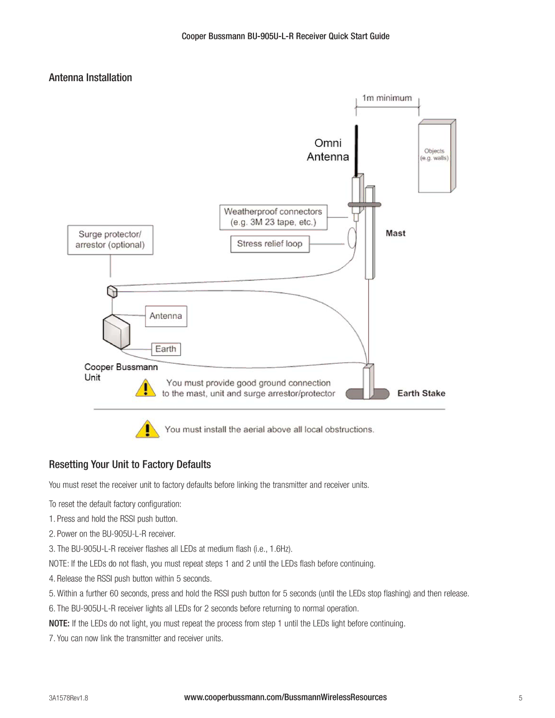 Cooper Bussmann BU-905U-L-R quick start Antenna Installation Resetting Your Unit to Factory Defaults 